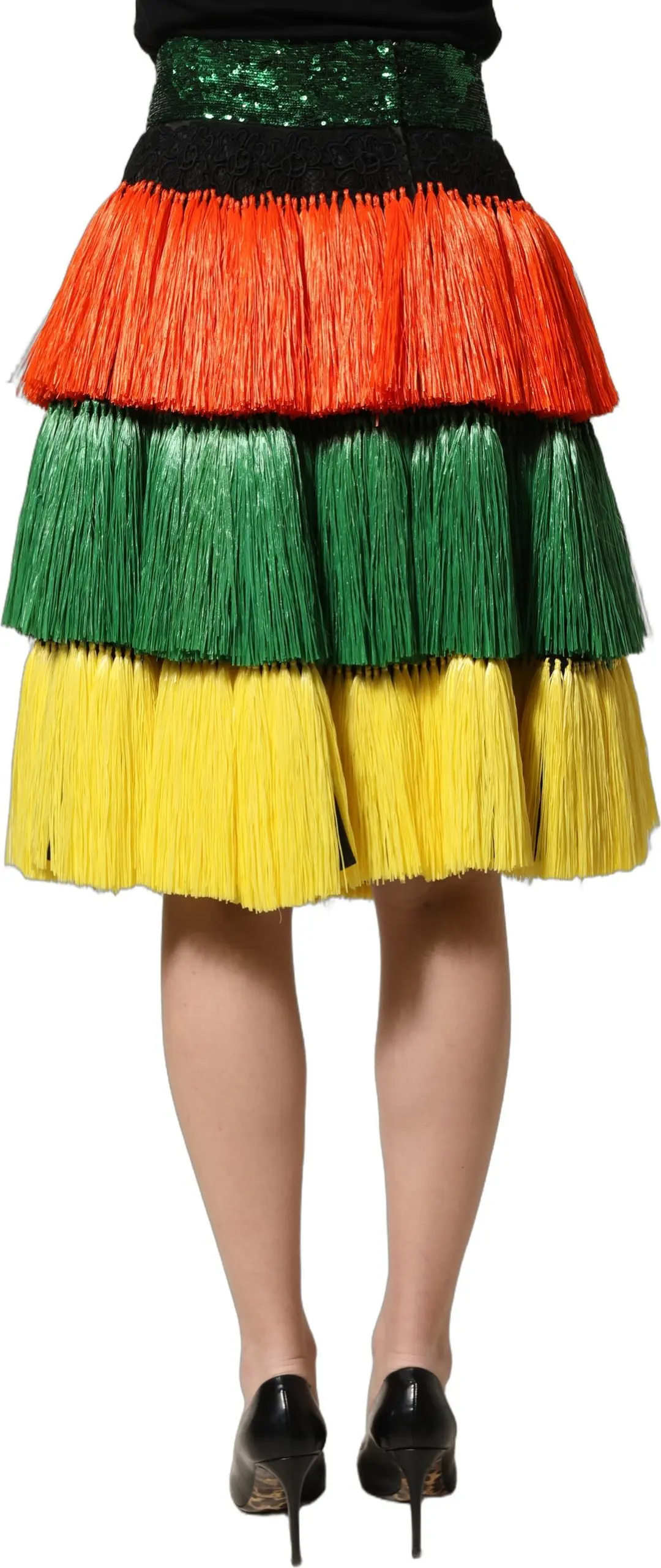 Multicolor Fringe Sequin High Waist Knee Length Skirt Dolce & Gabbana