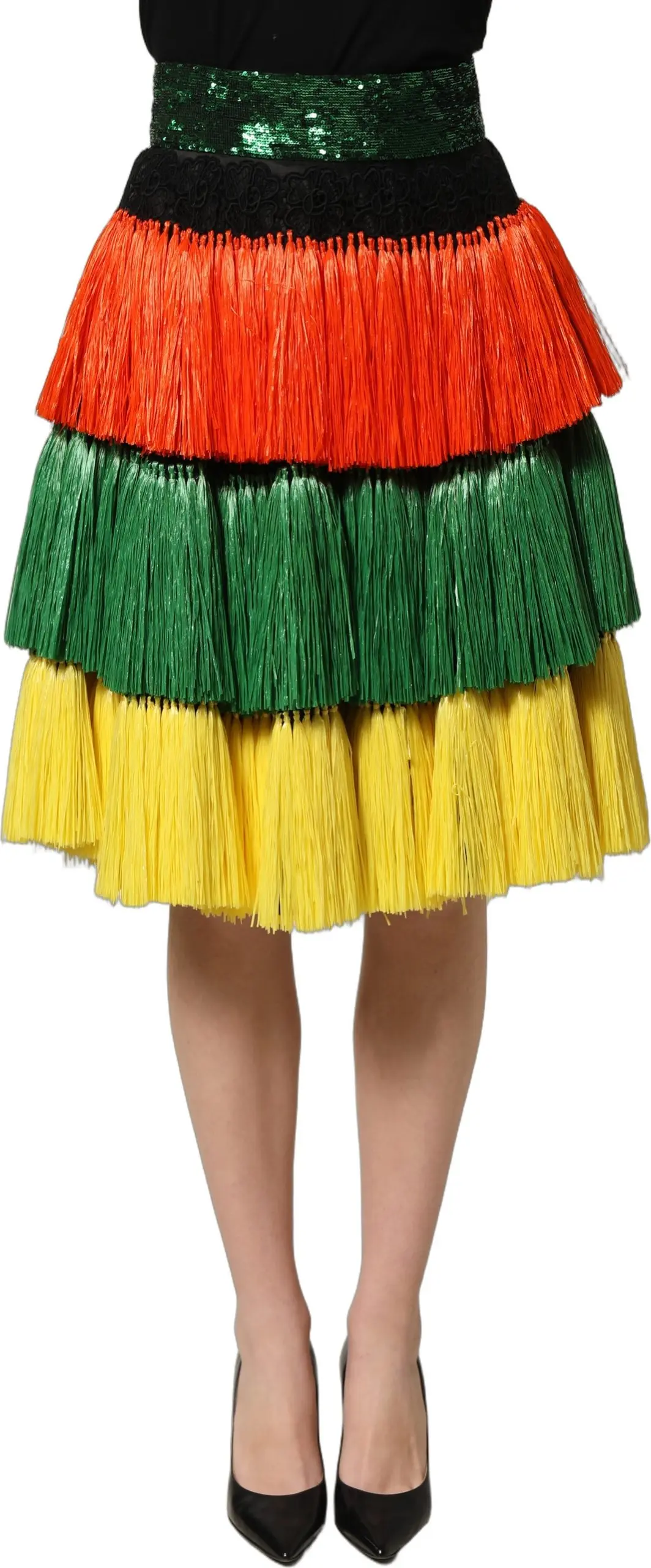 Multicolor Fringe Sequin High Waist Knee Length Skirt Dolce & Gabbana