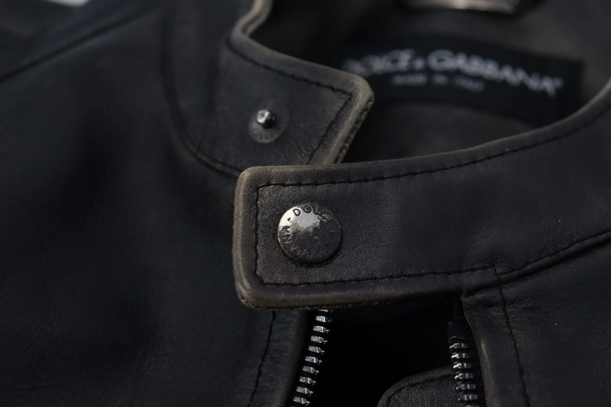 Black Leather Zipper Biker Coat Jacket Dolce & Gabbana