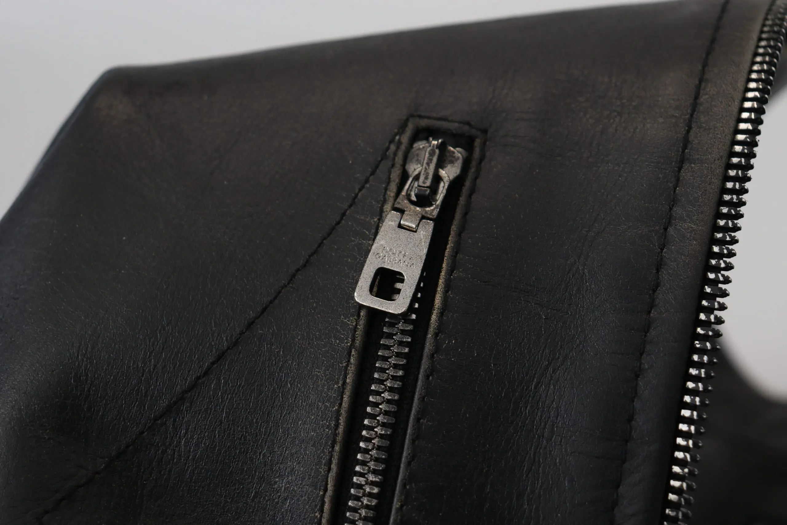 Black Leather Zipper Biker Coat Jacket Dolce & Gabbana
